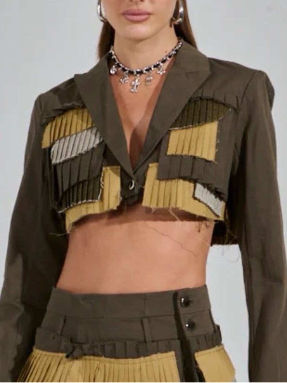 AKIRA Let Me Down Slowly Olive & Khaki Cropped Fringe Pleated Blazer - Picture 7 of 9